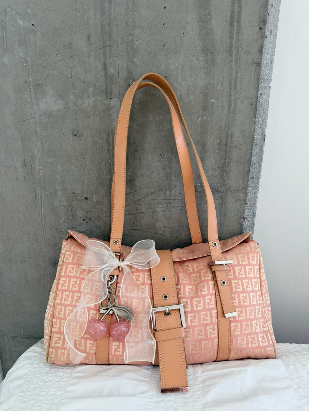 Vintage Fendi Pink Zucchino FF Canvas Double Flap Shoulder Bag